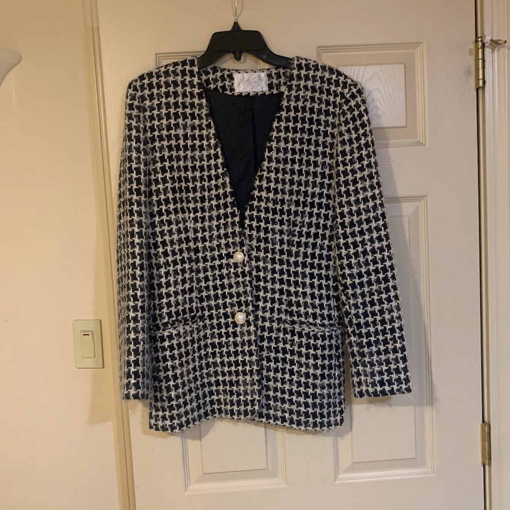 Lord & Taylor Navy Blue/Ivory Wool Blend Lined Blazer sz 6